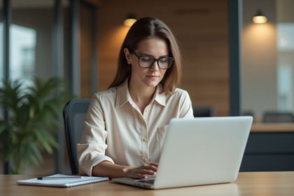 Femme en bureau moderne travaillant sur son ordinateur