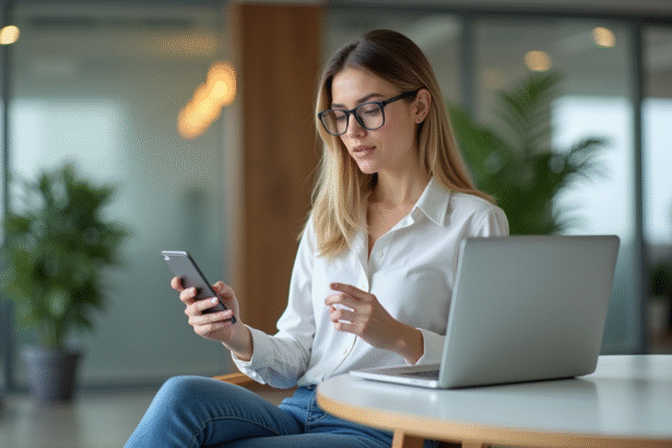 Femme au bureau synchronisant fichiers sur son ordinateur portable