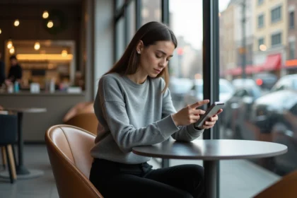 Femme utilisant un appareil futuriste dans un café moderne
