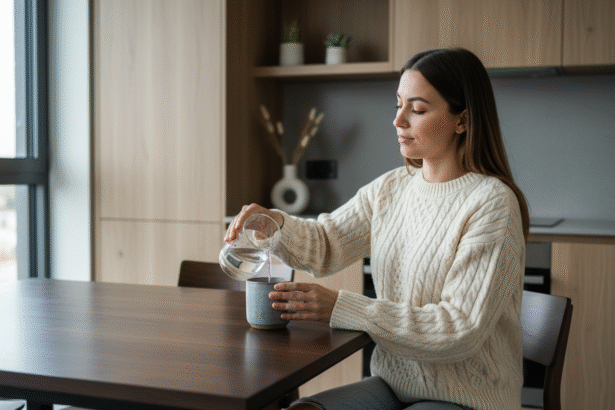 Jeune femme dans une cuisine moderne en train de verser de l'eau dans une tasse en céramique