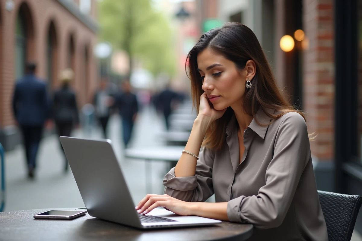 Femme au café analysant des infos sur son ordinateur portable