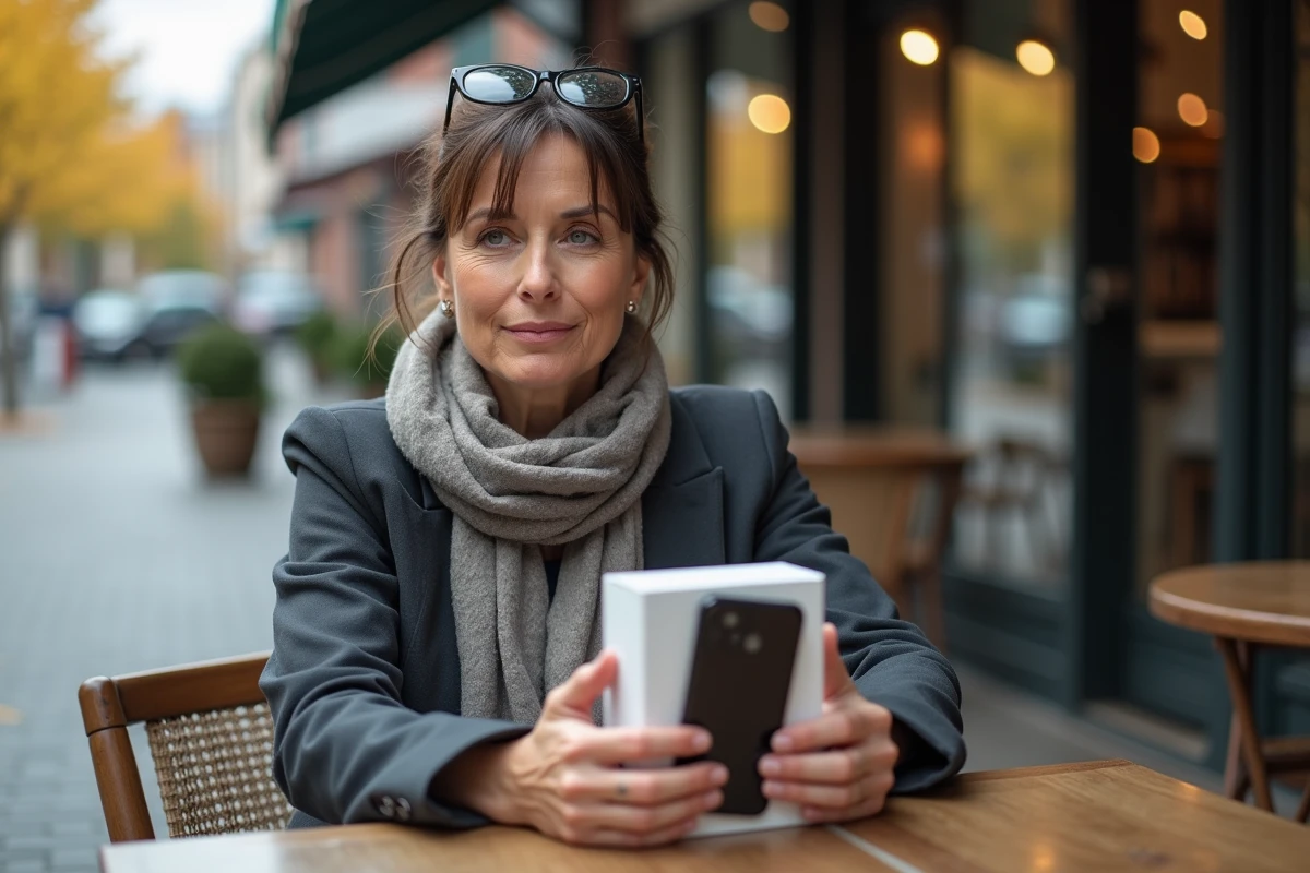 Femme examinant un smartphone reconditionne au café