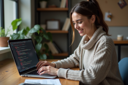 Jeune femme concentrée devant son ordinateur en home office