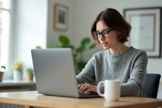 Femme comparant des navigateurs web compatibles sur un ordinateur portable dans un bureau à domicile