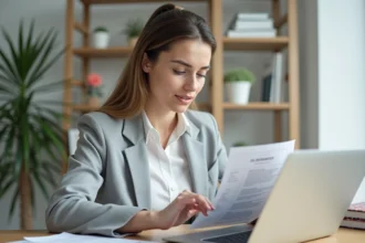 Femme consultant son CV imprimé et comptant les caractères sur un ordinateur portable dans un bureau à domicile
