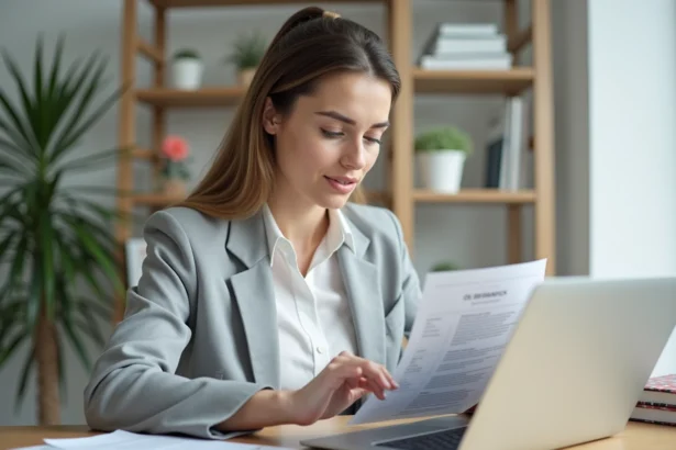 Femme consultant son CV imprimé et comptant les caractères sur un ordinateur portable dans un bureau à domicile