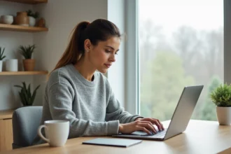 Femme utilisant un compteur de caractères en ligne sur son ordinateur portable dans un bureau à domicile moderne