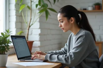 Femme configurant un compte webmail sur son ordinateur portable dans un bureau à domicile moderne