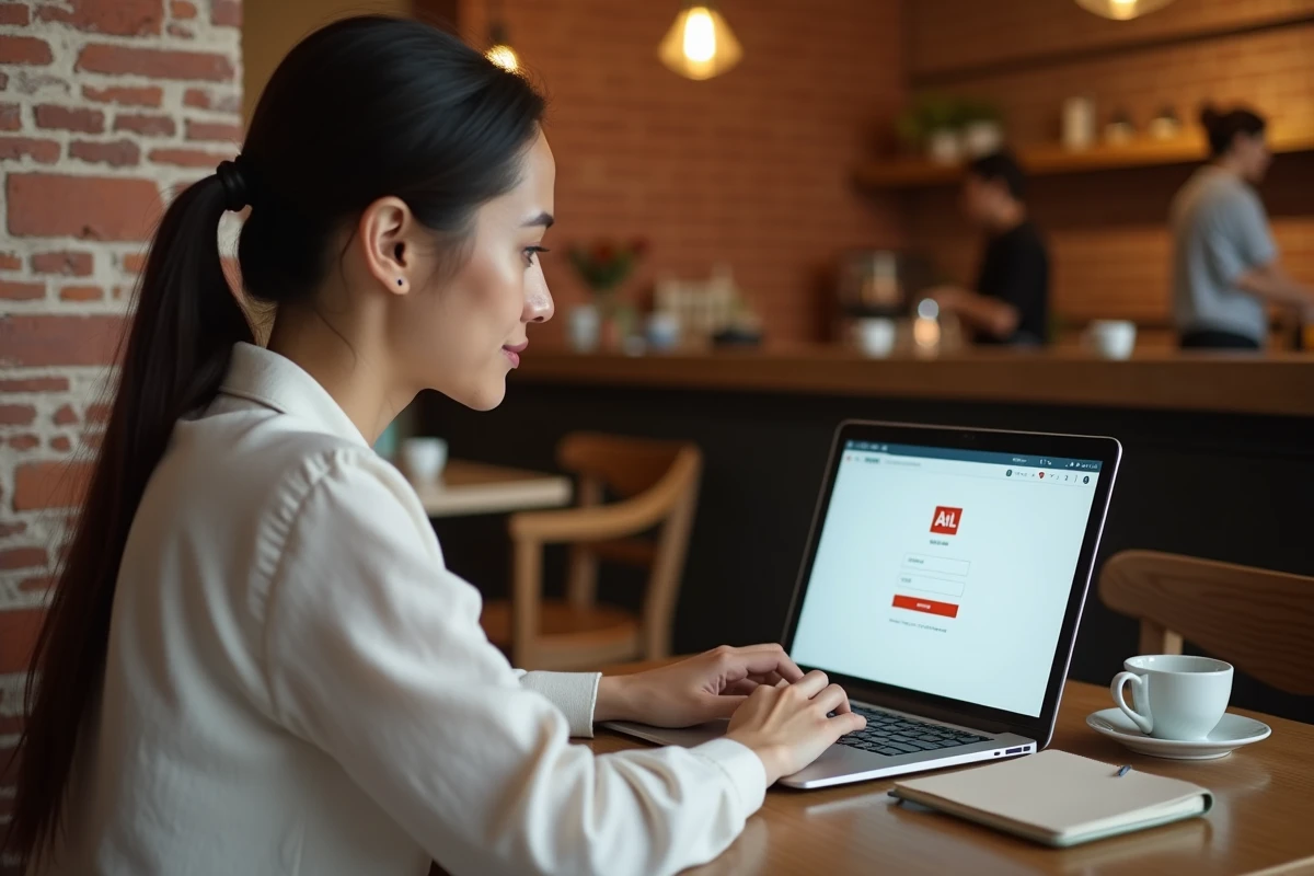 Femme se connectant à son ancienne adresse AOL Mail depuis un café urbain avec un laptop