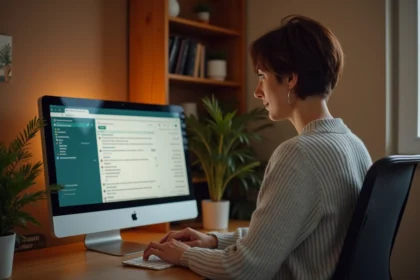 Femme consultant sa messagerie AOL sur un ordinateur de bureau dans un bureau à domicile