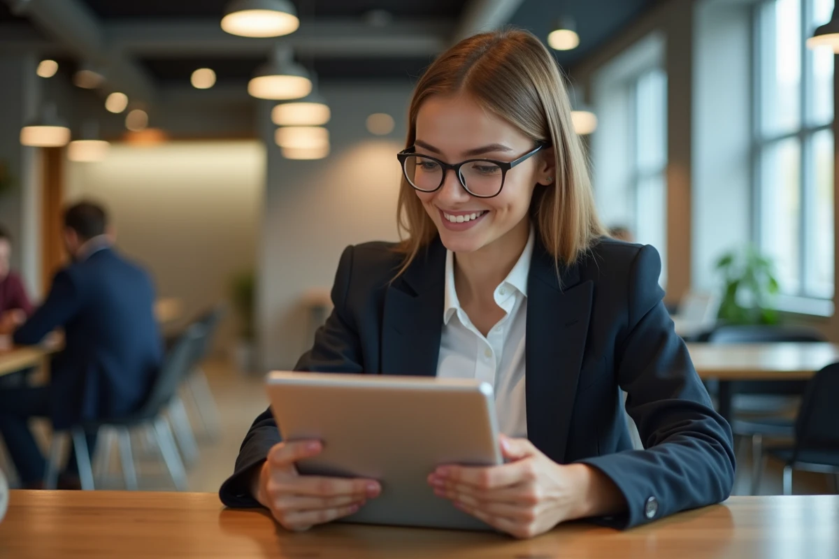 Femme en coworking utilisant une tablette pour s