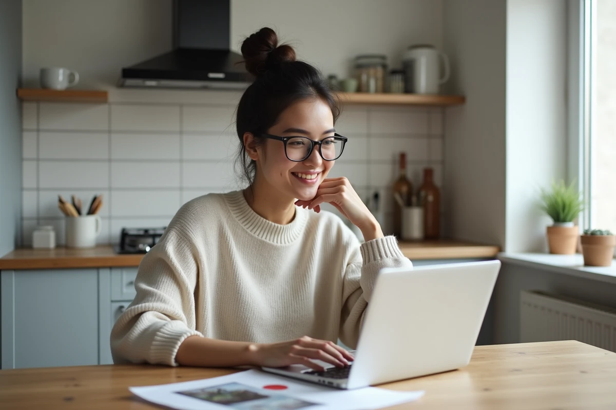 Jeune femme comparant un écran et une impression dans la cuisine