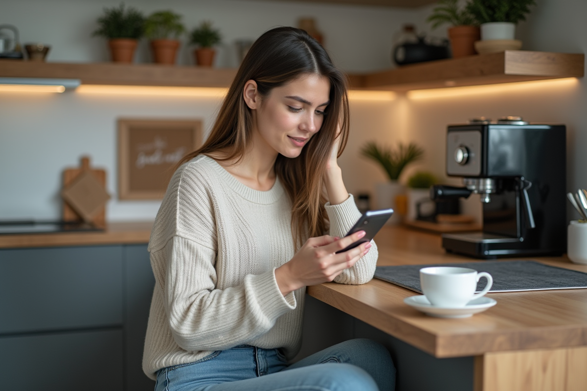 Jeune femme dans la cuisine utilisant son smartphone