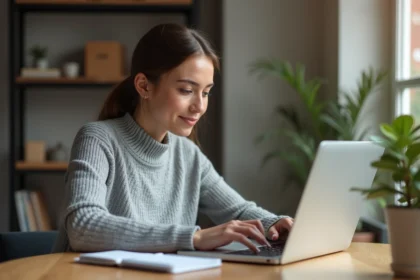 Femme débutante créant son site internet Wiz sur un ordinateur portable dans un bureau à domicile