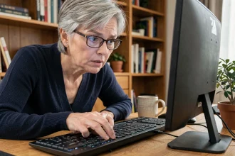 Femme d'âge mûr pointant la touche Shift sur un clavier d'ordinateur de bureau dans un bureau à domicile