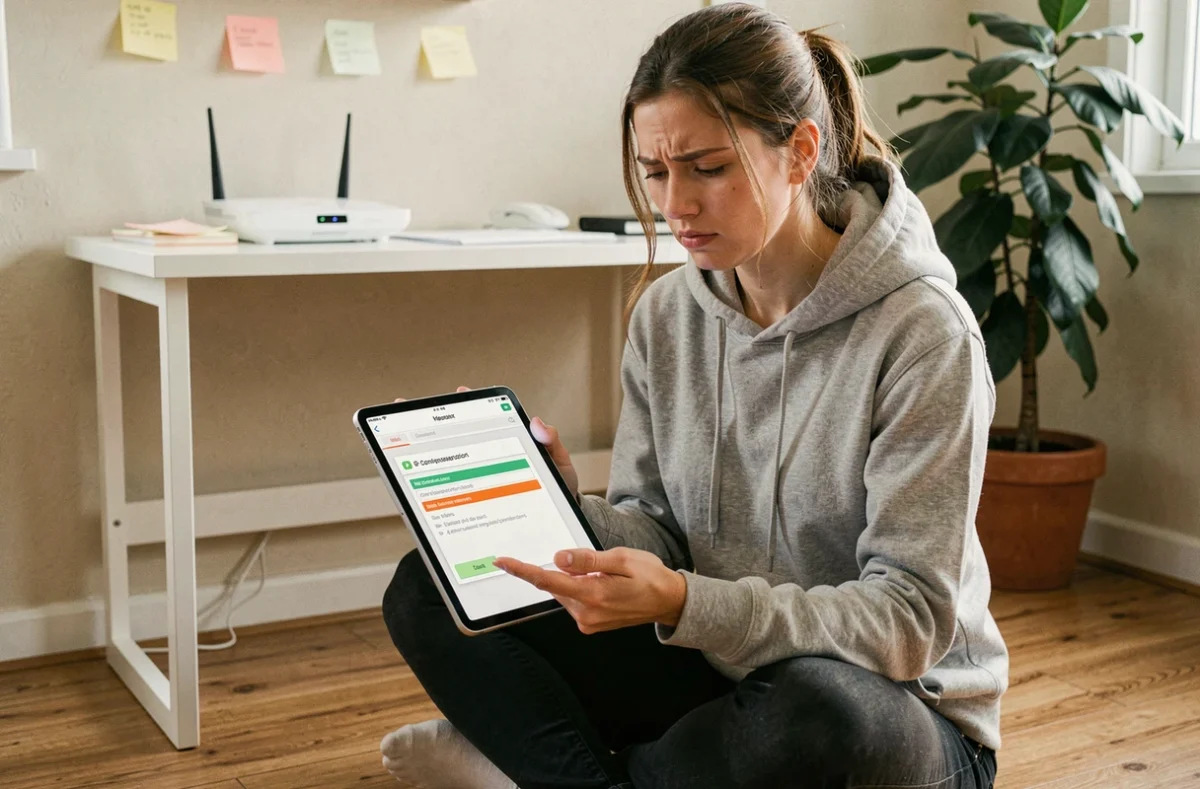 Femme à domicile consultant une erreur de configuration d'adresse IP sur une tablette dans un bureau à la maison