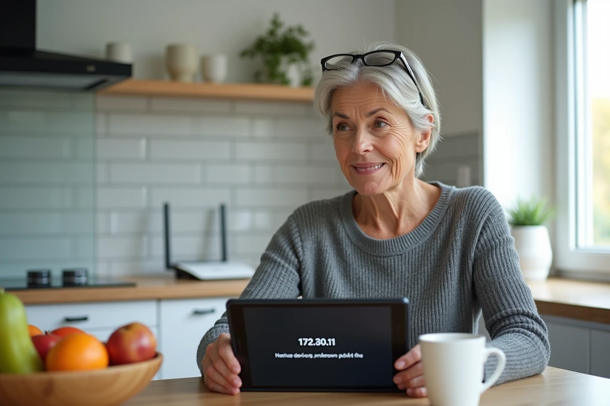 Femme à domicile découvrant l'adresse IP inconnue 172.30.1.1 sur une application de diagnostic réseau depuis sa cuisine