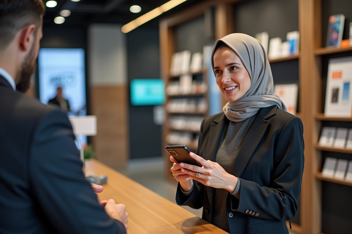 Femme montrant son eSIM dans un magasin de télécoms