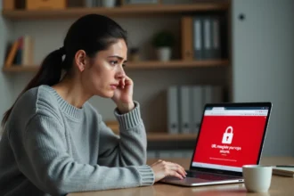 Femme frustrée devant un écran d'ordinateur affichant un avertissement d'URL masquée pour sa sécurité