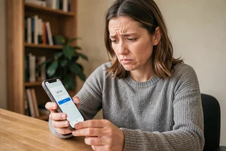 Femme frustrée regardant une erreur de connexion Facebook Messenger sur son smartphone à son bureau à domicile