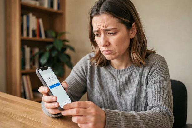 Femme frustrée regardant une erreur de connexion Facebook Messenger sur son smartphone à son bureau à domicile