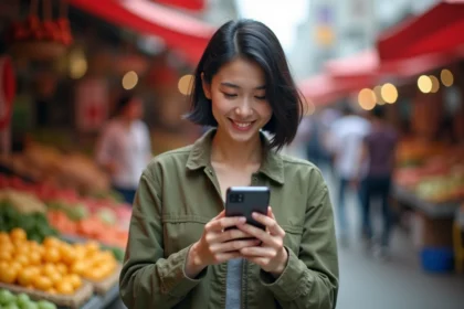 Une femme tenant un Google Pixel 8 Pro et consultant ses photos dans un marché urbain animé