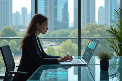 Jeune femme utilisant une interface holographique dans un bureau moderne