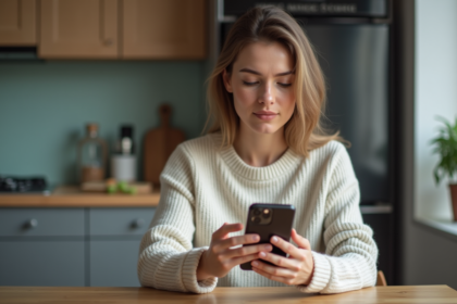 Femme utilisant son iPhone dans une cuisine moderne