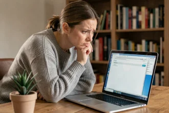 Femme frustrée devant un ordinateur portable avec le navigateur Firefox ouvert et des marques-pages disparus