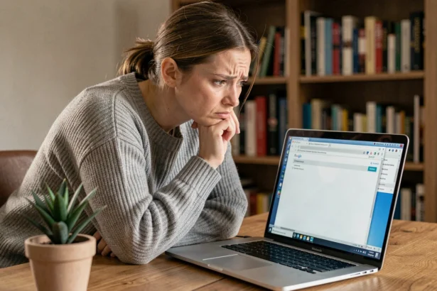 Femme frustrée devant un ordinateur portable avec le navigateur Firefox ouvert et des marques-pages disparus