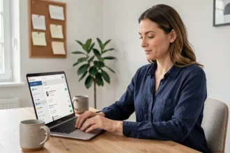 Femme utilisant une messagerie sécurisée NetCourrier Mailo sur son ordinateur portable dans un bureau à domicile