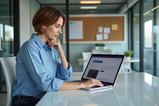 Femme en bureau analysant un site responsive sur ordinateur