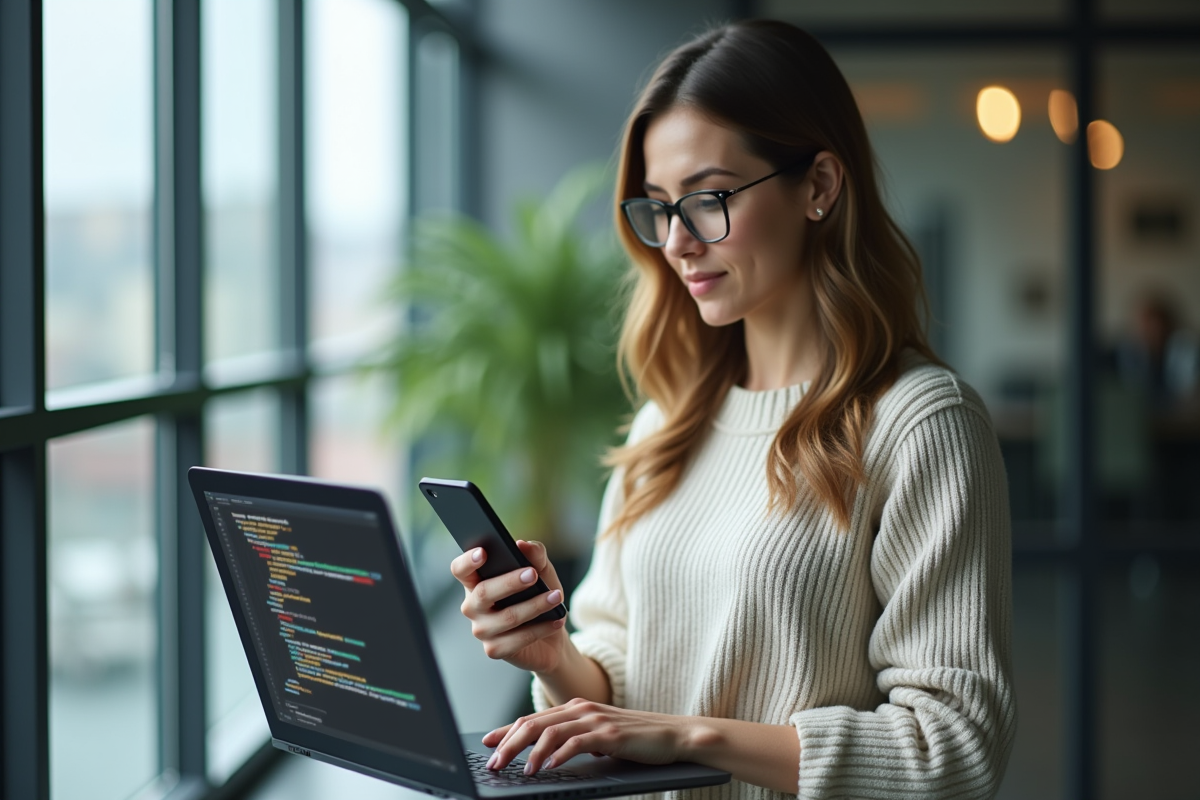 Femme en travail avec ordinateur et téléphone dans un bureau