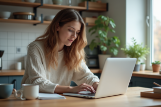 Jeune femme compare plans de stockage cloud sur un ordinateur