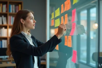 Jeune femme en blazer arrangeant des notes colorées dans un bureau