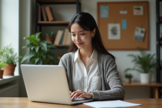 Femme organisée travaillant sur son ordinateur dans un bureau moderne