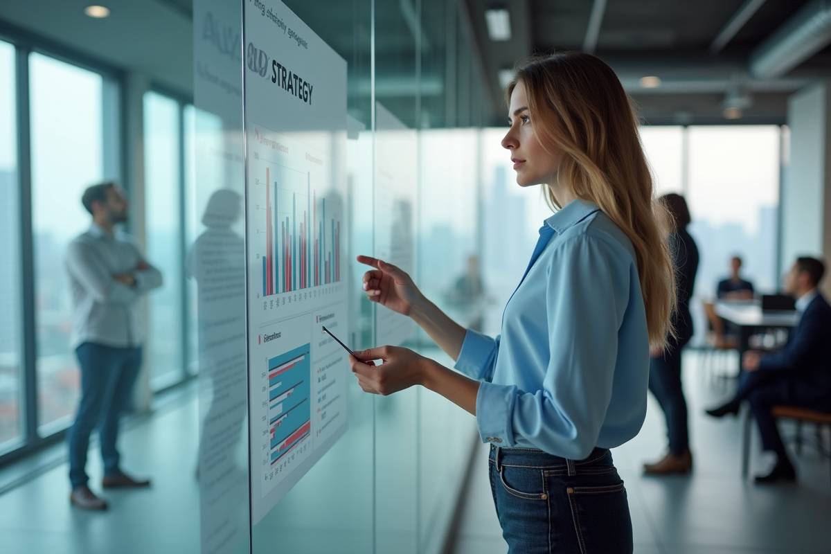 Jeune femme présentant une stratégie SEO dans une salle de réunion
