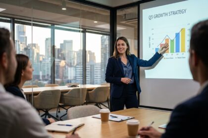 Femme confiante en blazer présentant un diagramme PowerPoint