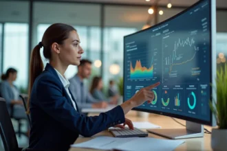 Femme professionnelle utilisant un intranet SaaS sur un grand écran dans un bureau moderne en open space