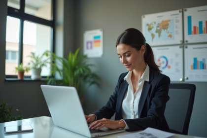 Femme d affaires concentrée sur son ordinateur dans un bureau moderne