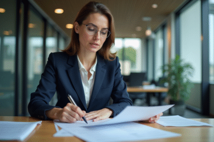 Femme professionnelle en blazer navy examine des documents