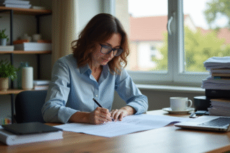 Femme remplissant une declaration CN23 dans un bureau à domicile