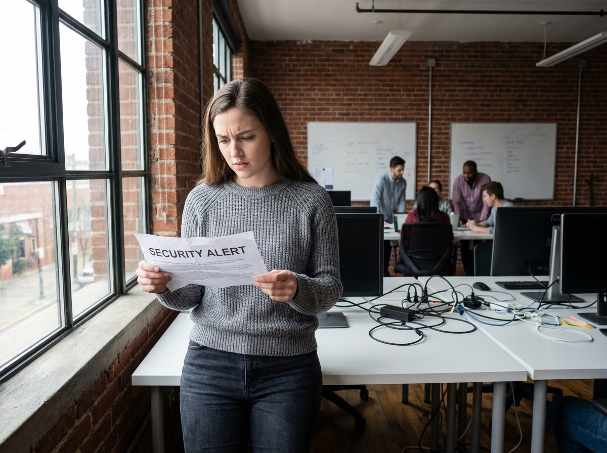 Jeune femme examinant une alerte de securite dans un bureau