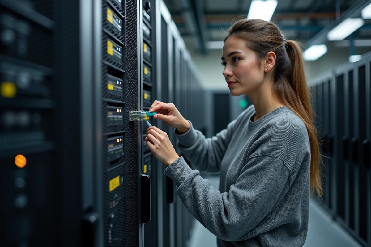 Jeune femme connectant un câble réseau dans un centre de données