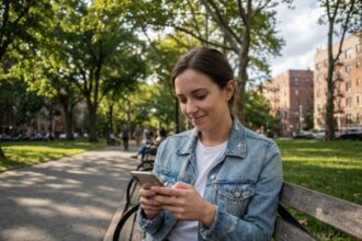 Jeune femme souriante en ville sur un banc avec smartphone