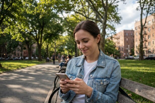 Jeune femme souriante en ville sur un banc avec smartphone