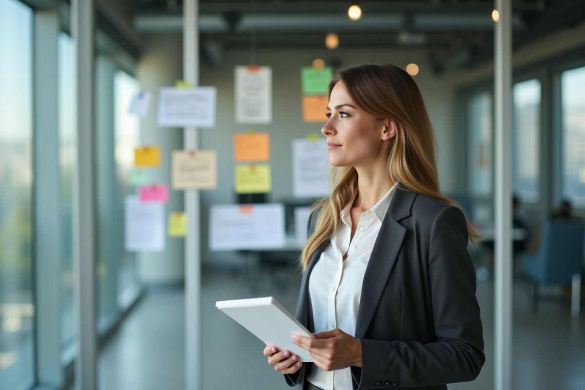 Femme en réunion avec notes et diagrammes SEO sur le mur