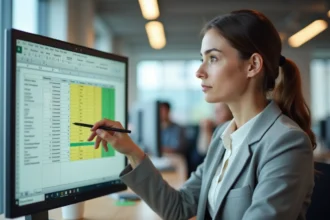 Femme professionnelle supprimant des doublons dans un tableau Excel sur grand écran de bureau