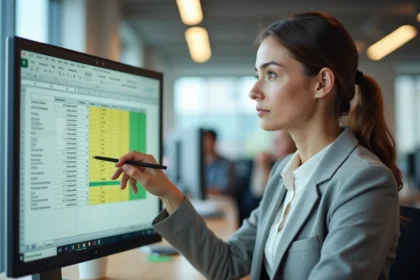 Femme professionnelle supprimant des doublons dans un tableau Excel sur grand écran de bureau