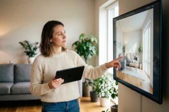 Jeune femme examine un intérieur virtuel sur une tablette